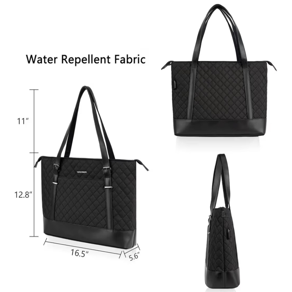 Black Quilted Tote Bag with USB Charging Port - Picture 4 of 7